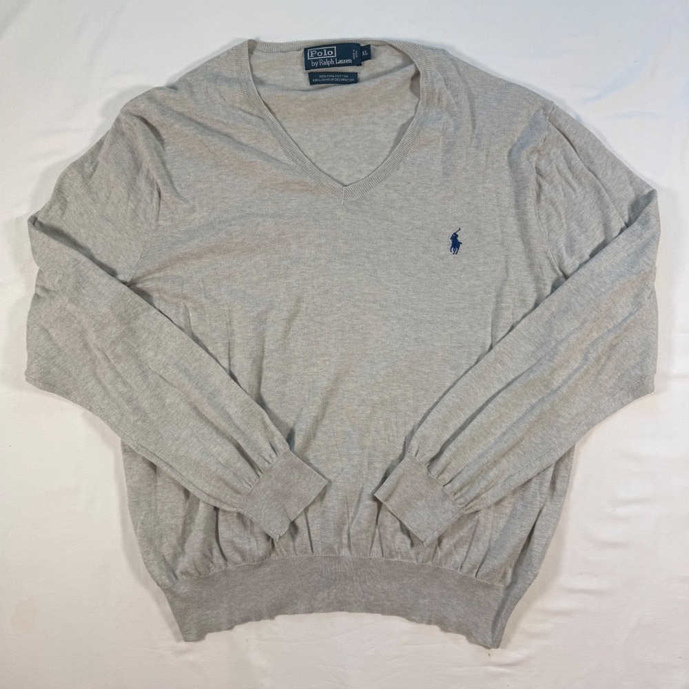 Polo Ralph Lauren Mens XL Pima Cotton V-Neck Sweater Heather Grey Navy Pony